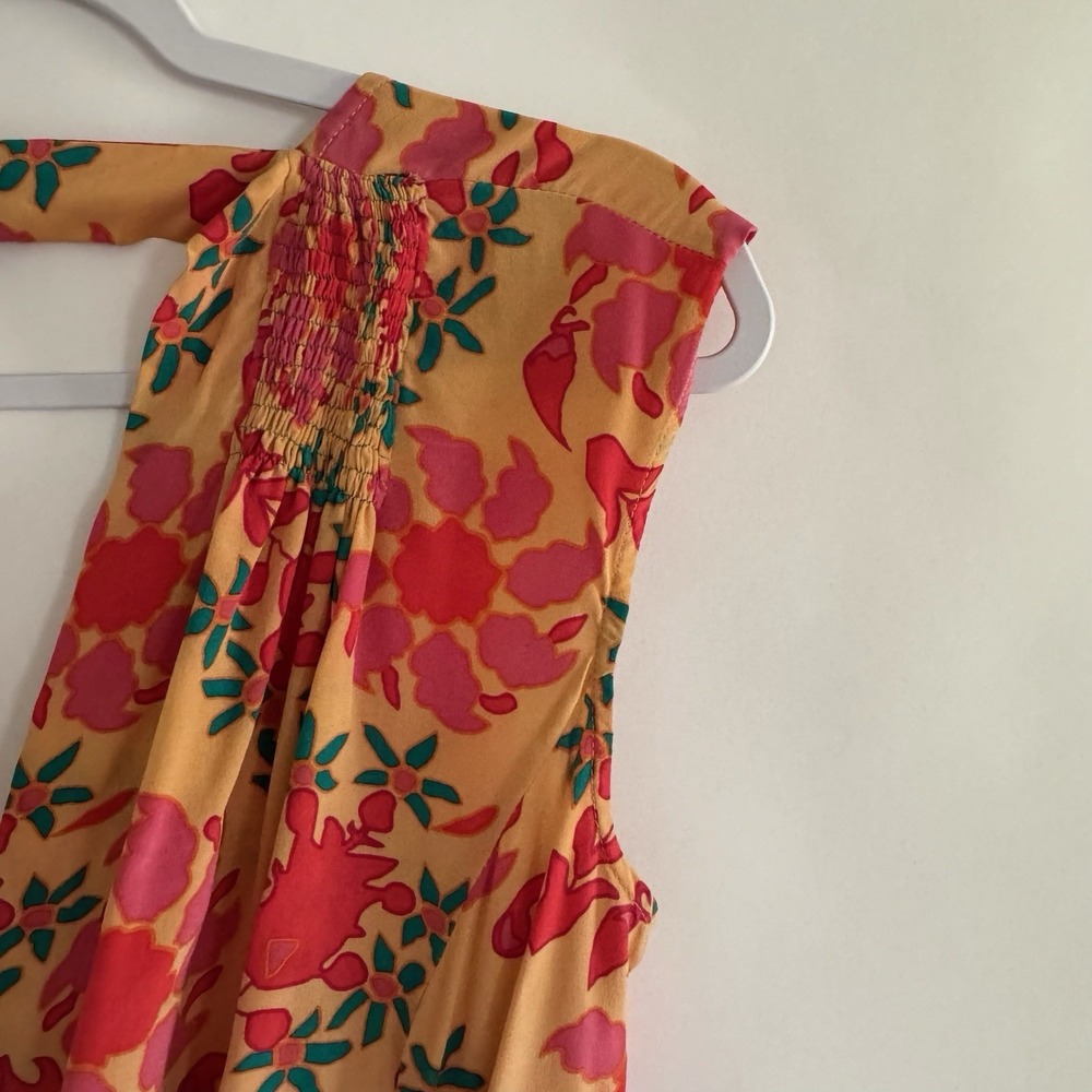 Tracy Reese 100% Silk Dress 4 Floral Y2K Smocked Orange Red Bright Open Back - Picture 3 of 14